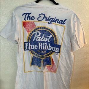 White and Blue Short Sleeve Tee with Pabst Blue Ribbon Graphic